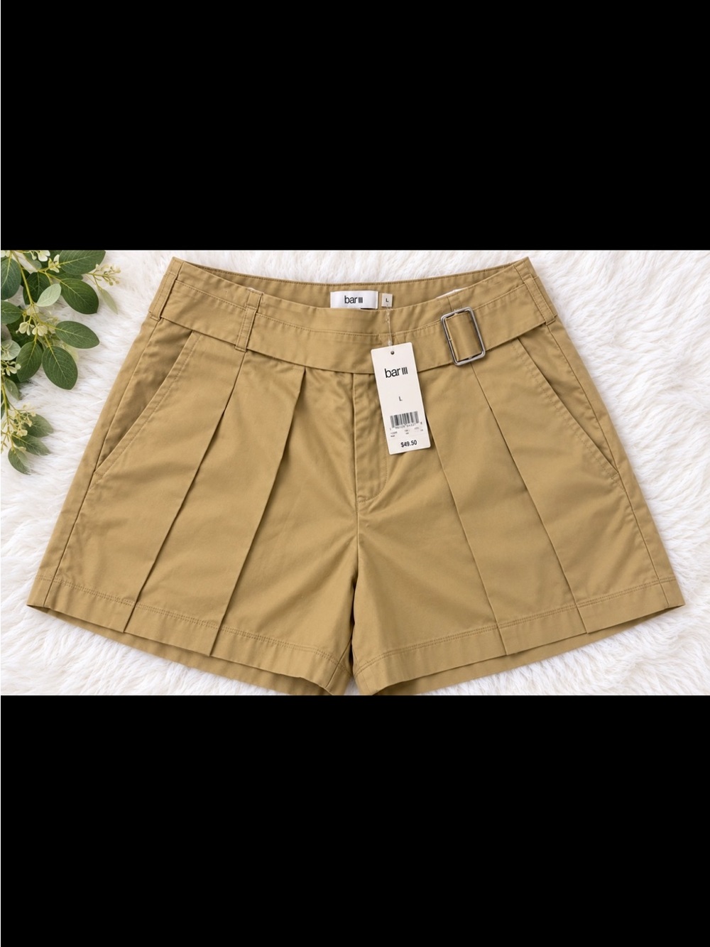 Bar III Khaki Pleated High-Rise Belted Women's Shorts